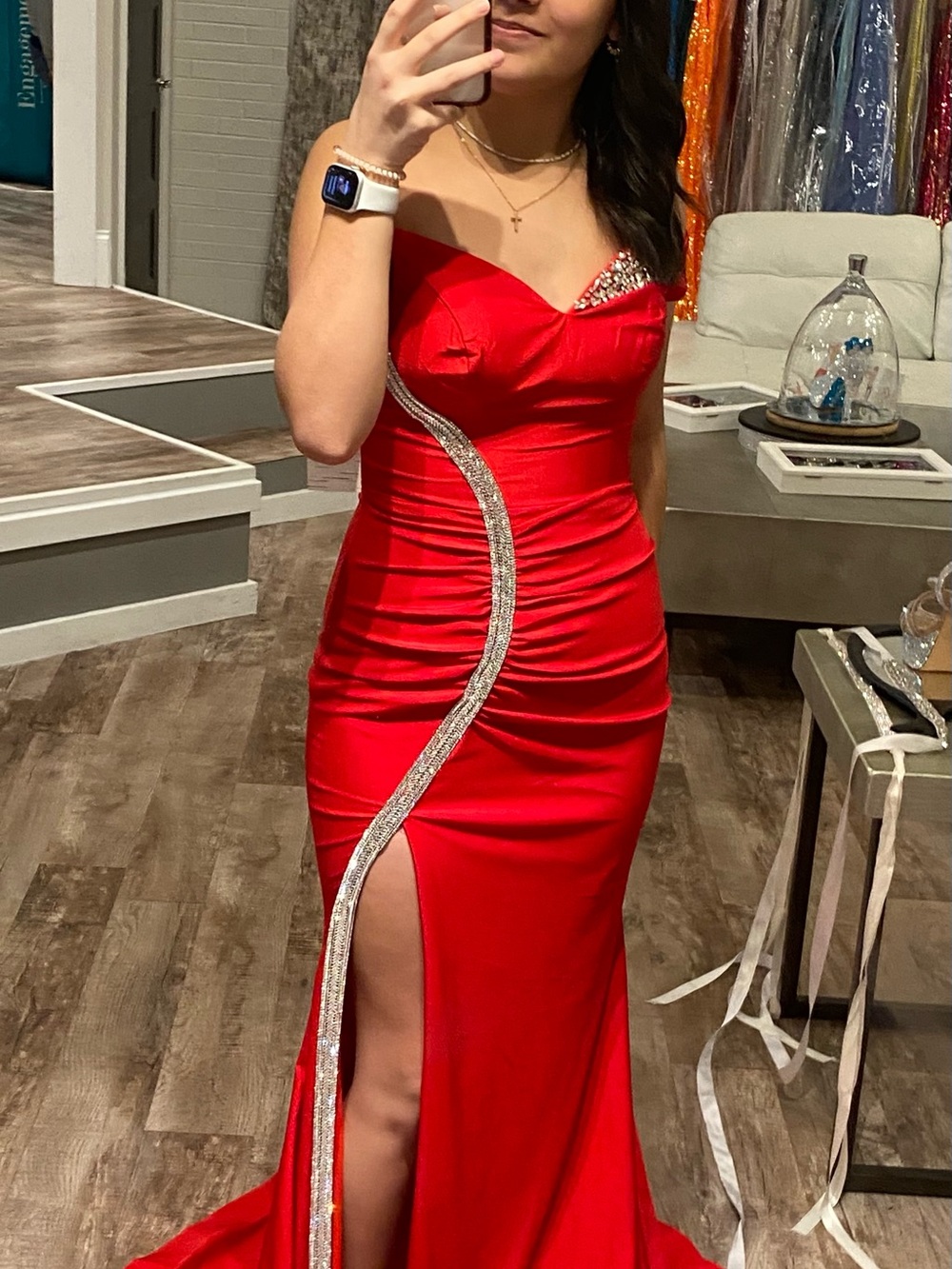 Red Strapless Evening Gown with Side Embellished Trim